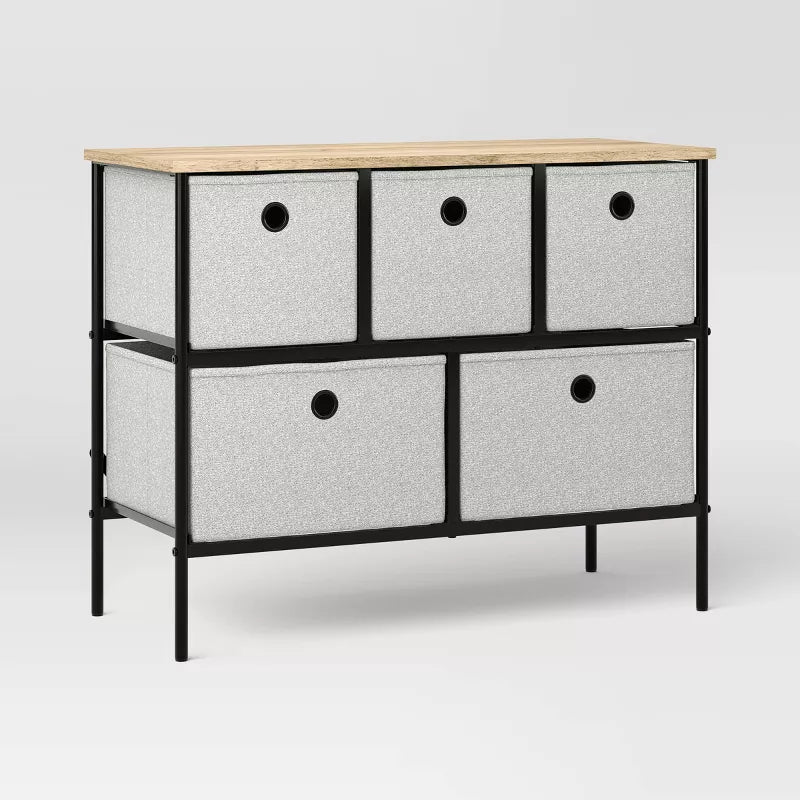 36" Wide Fabric Bin 5 Dresser Black Frame - Room Essentials
