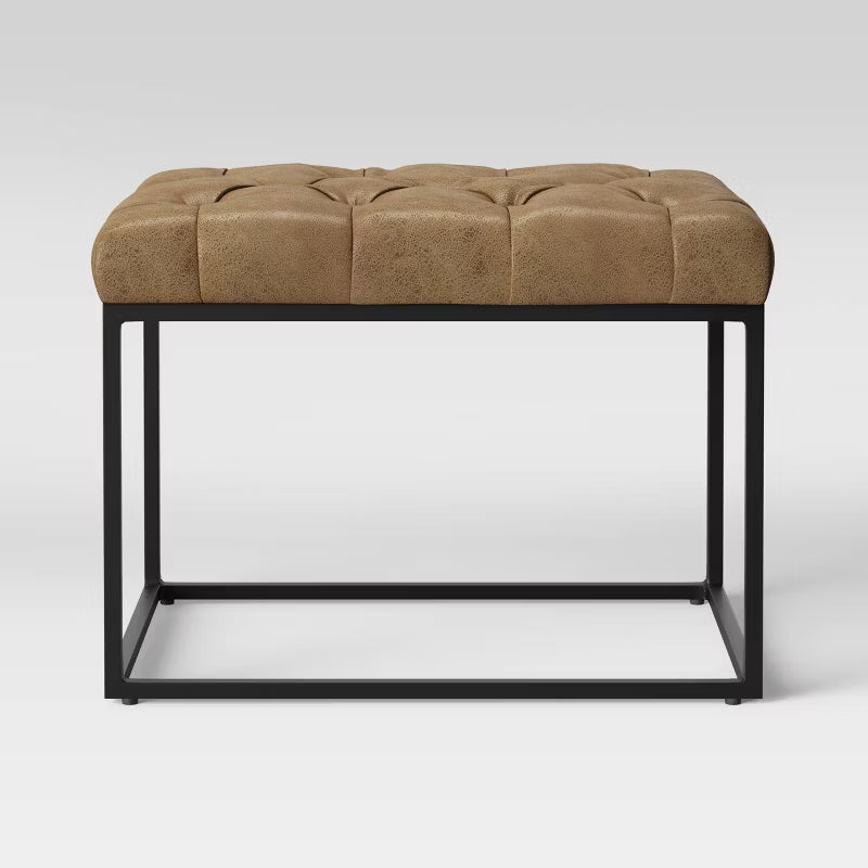 Trubeck Tufted Metal Base Ottoman Faux Leather Brown - Threshold: Padded Footstool, No Assembly Required
