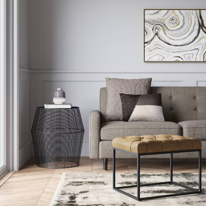 Trubeck Tufted Metal Base Ottoman Faux Leather Brown - Threshold: Padded Footstool, No Assembly Required