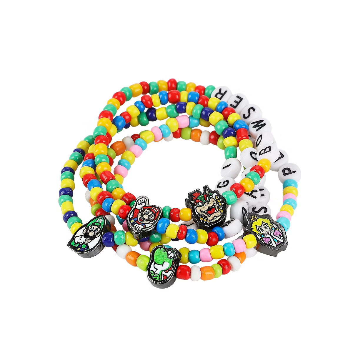 Super Mario Bros Mario Yoshi Bowser Peach and Luigi Beaded Tradesies Bracelet Pack