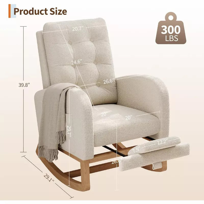 Cozy High-Back Nursery Rocking Chair, Upholstered Glider Armchair for Living Room in Teddy - White with Footrest